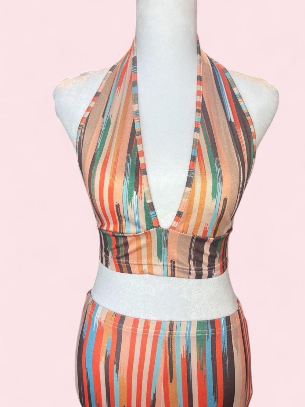 SHEIN Multicolor Striped Halter V Neck and Matching Wide Leg Pants